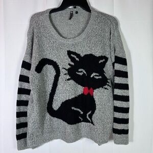 POOF Black Cat Sweater L Gray Stripe Intarsia Graphic Cottagecore Kitschy Edge